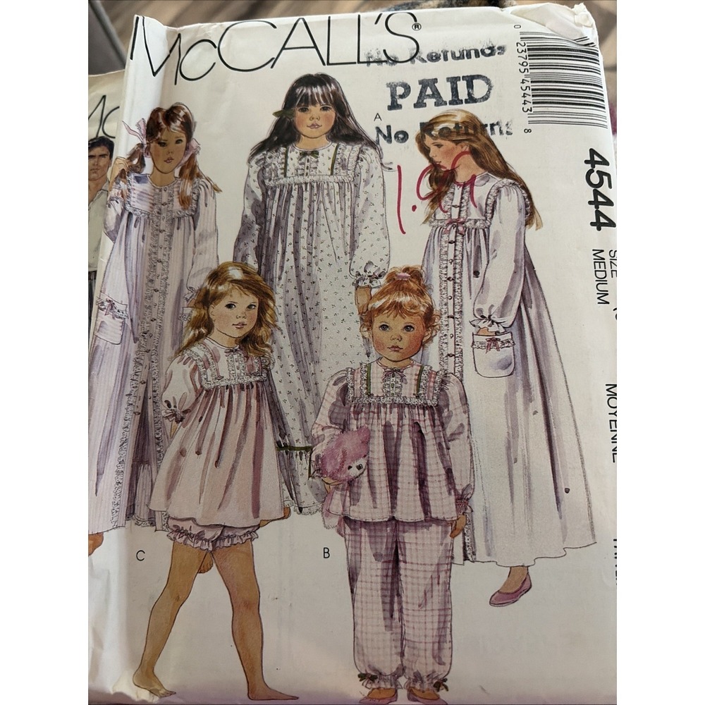 1989 McCALL's PATTERN 4544 GIRLS' Pajamas Nightgown Robe Sz Med (8-10) UNCUT